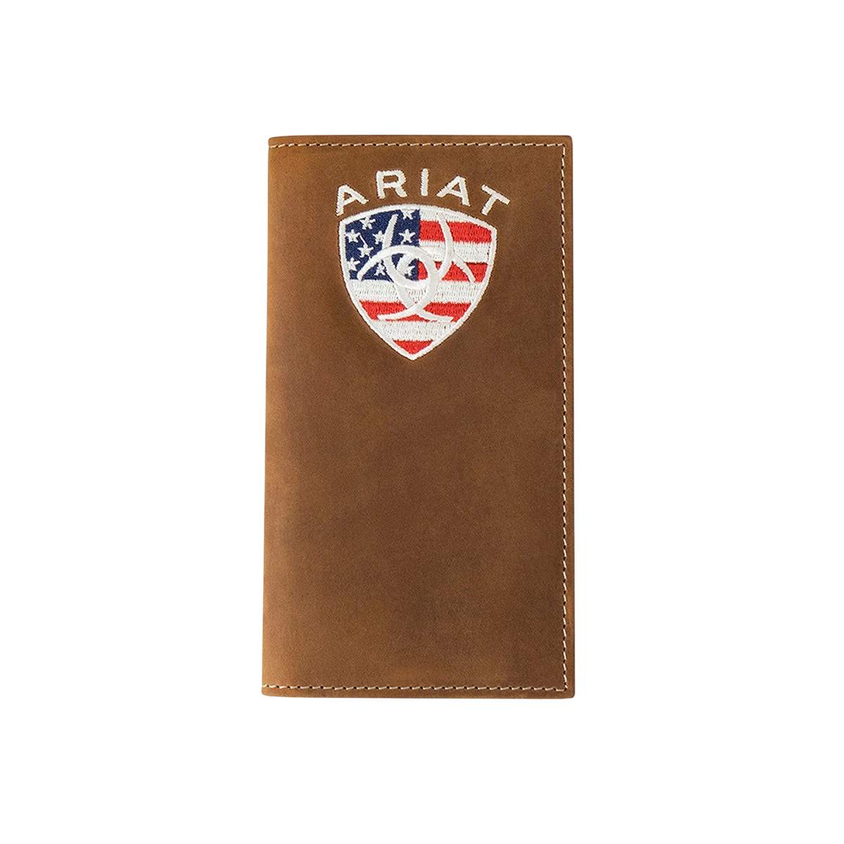 M&F Ariat American Flag Rodeo Wallet with leather and patriotic design, featuring a bifold style and multiple card slots.