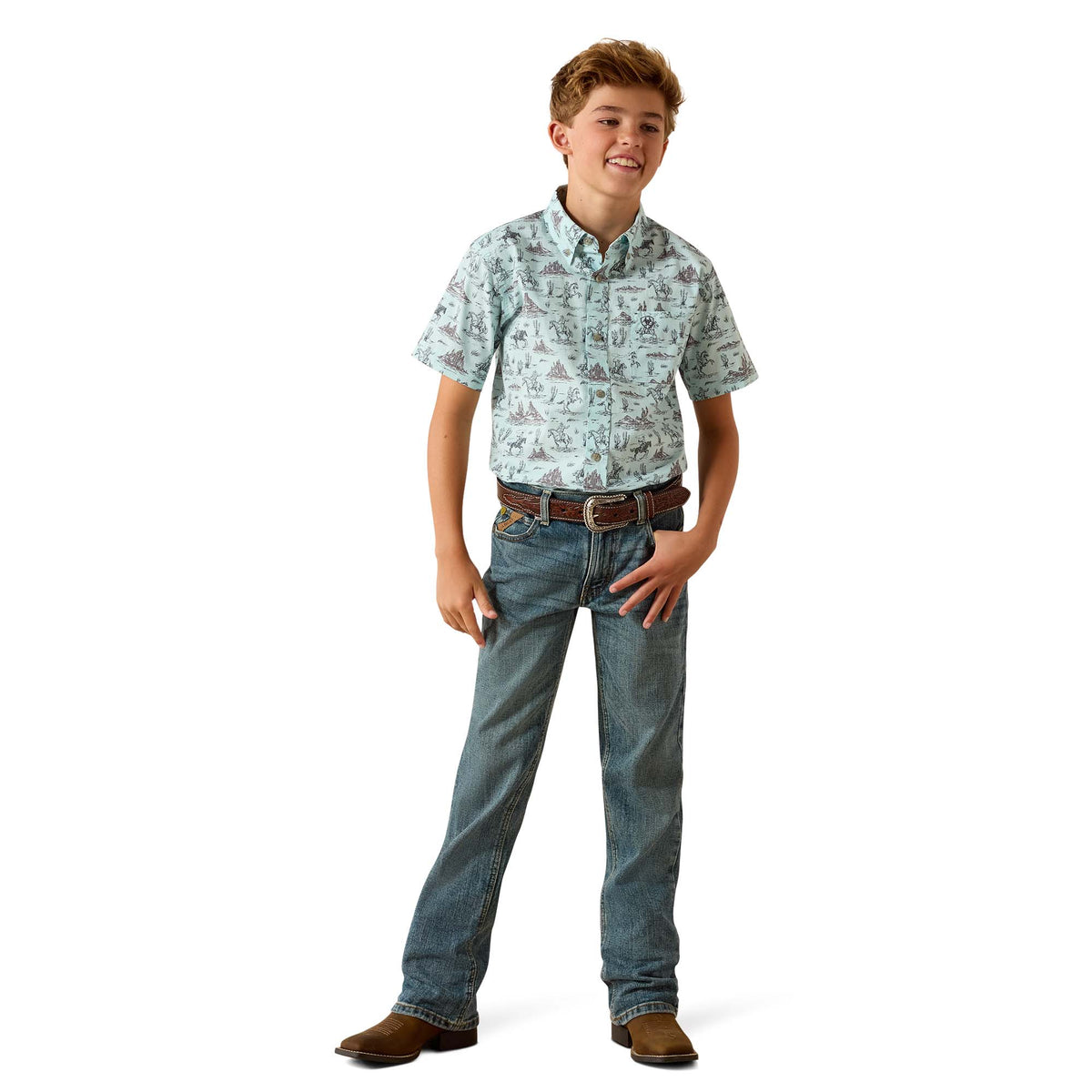 Ariat boys' casual Pratt shirt in Blue Glow featuring a classic button-up design and long sleeves.