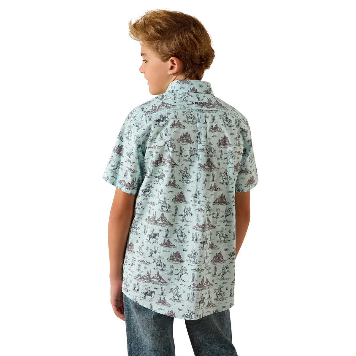 Ariat boys' casual Pratt shirt in Blue Glow, featuring a button-up style and collar, designed for comfortable everyday wear.