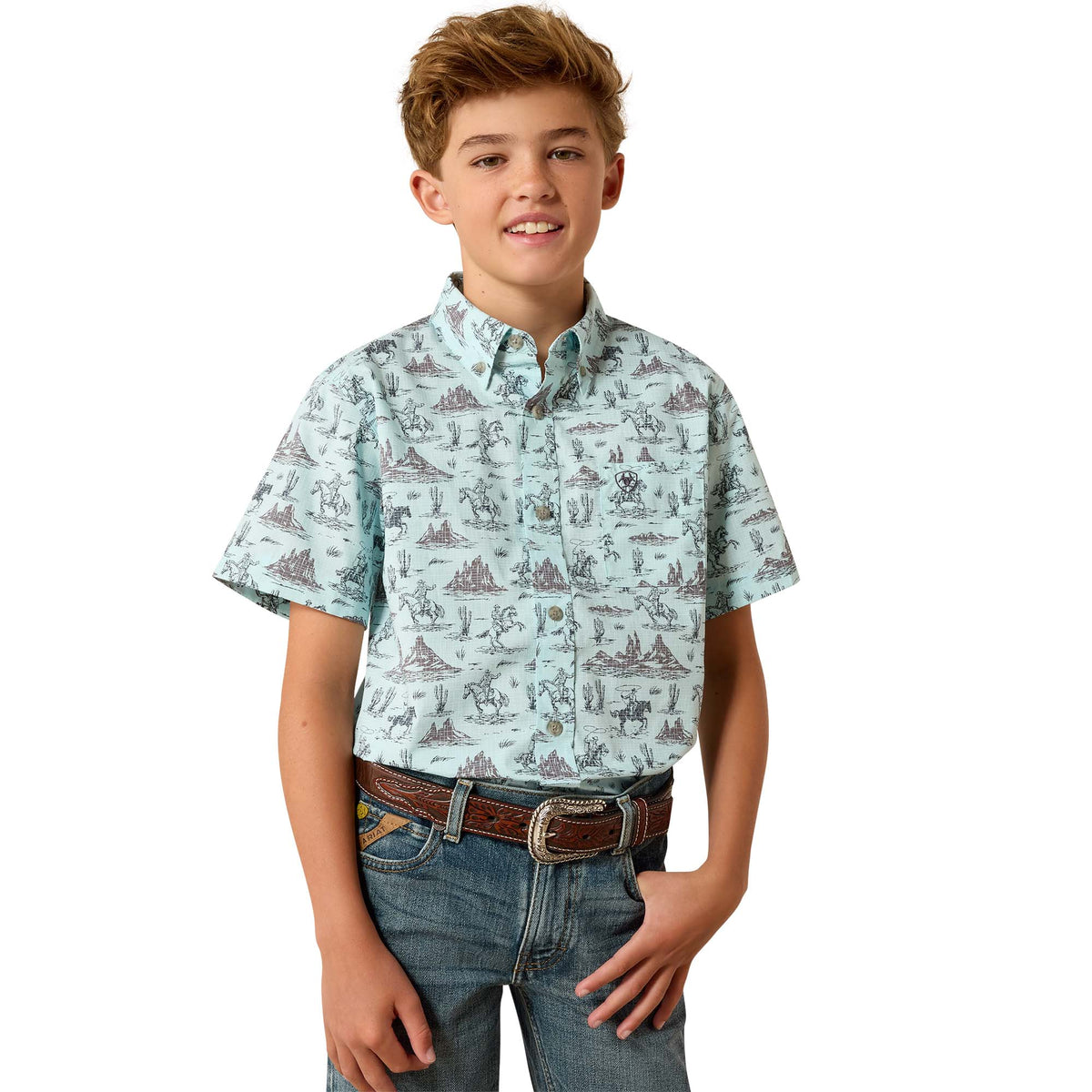 Ariat boys' casual Pratt shirt in Blue Glow with a button-down front and plaid pattern, suitable for everyday wear.