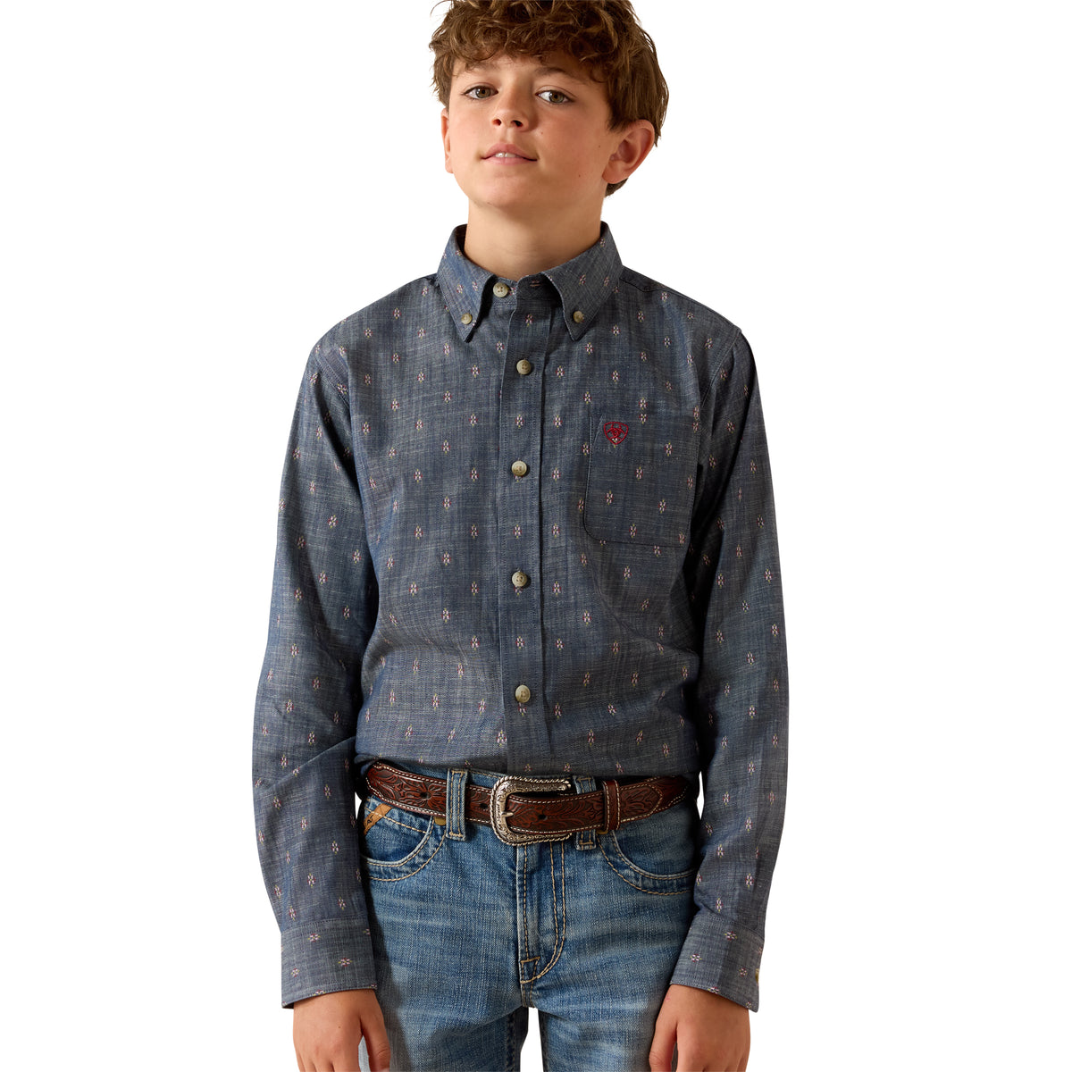 Ariat boys' casual chambray blue Teague shirt with medallion print, featuring a button-down collar and long sleeves.