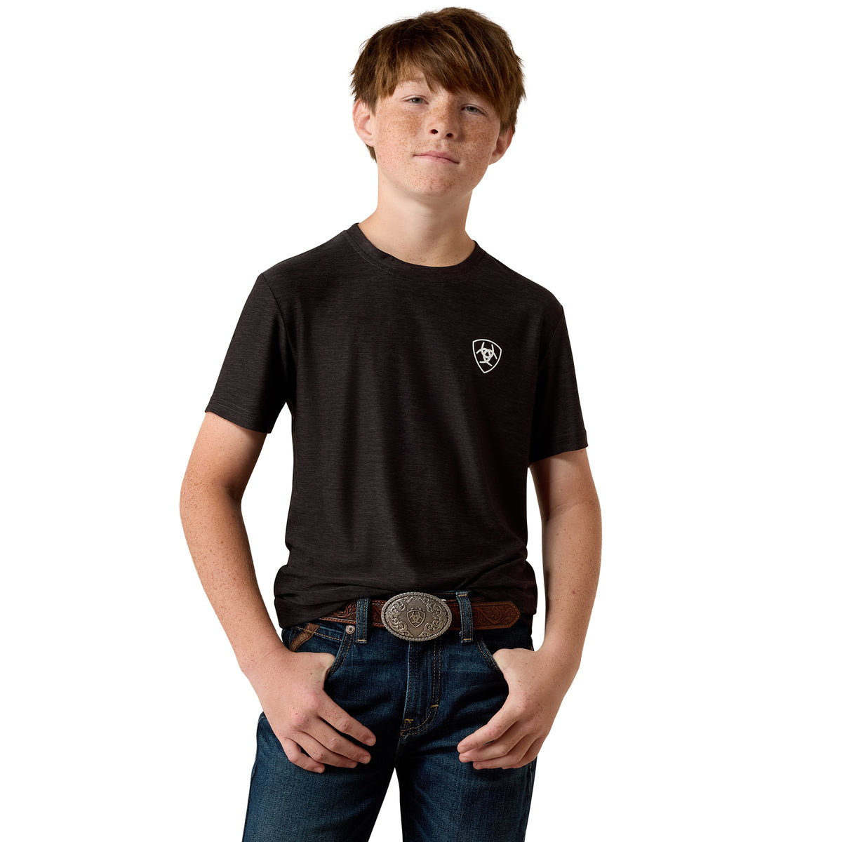 Ariat boys' grey Heather Digi Shield T-shirt featuring a graphic design, casual fit, and comfortable fabric for everyday wear.