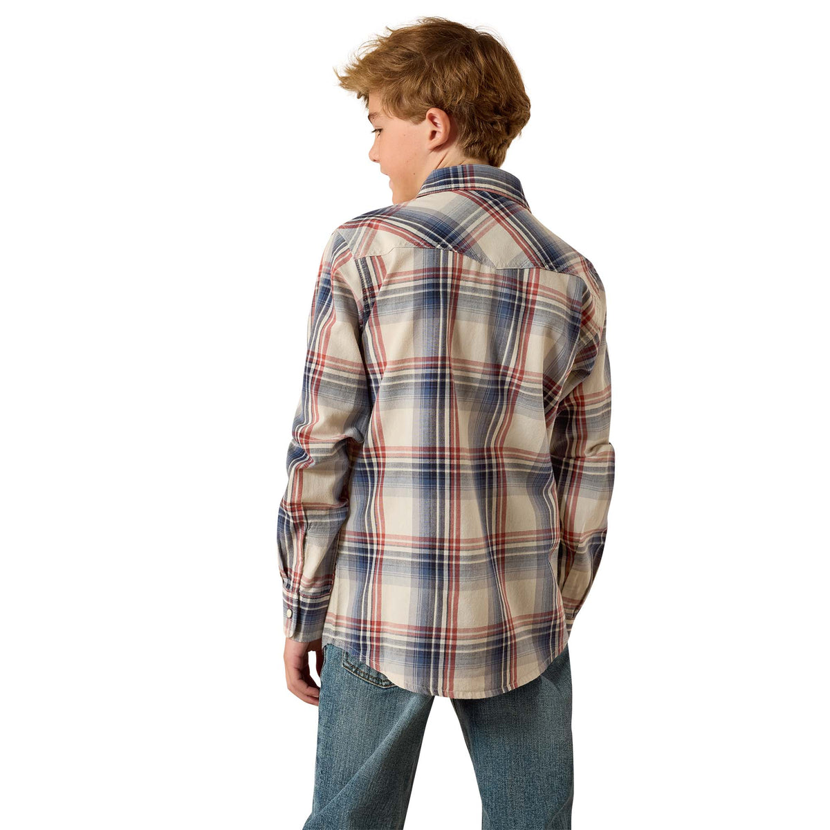Ariat Boys Hawthorn Retro Shirt in dawn blue plaid, featuring a classic button-up design and long sleeves.