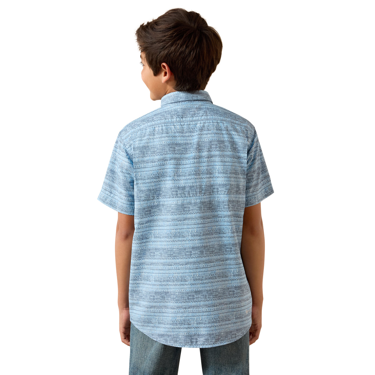 Ariat boys' printed VentTEK Outbound classic fit shirt in Blissful Blue, featuring a stylish patterned design and button-up front.