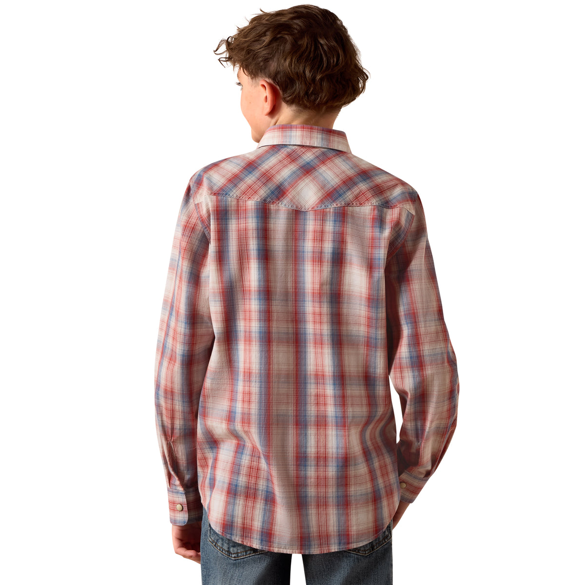 Ariat boys' retro Hodge shirt in brick red plaid with long sleeves and button-down front, casual western-inspired style.