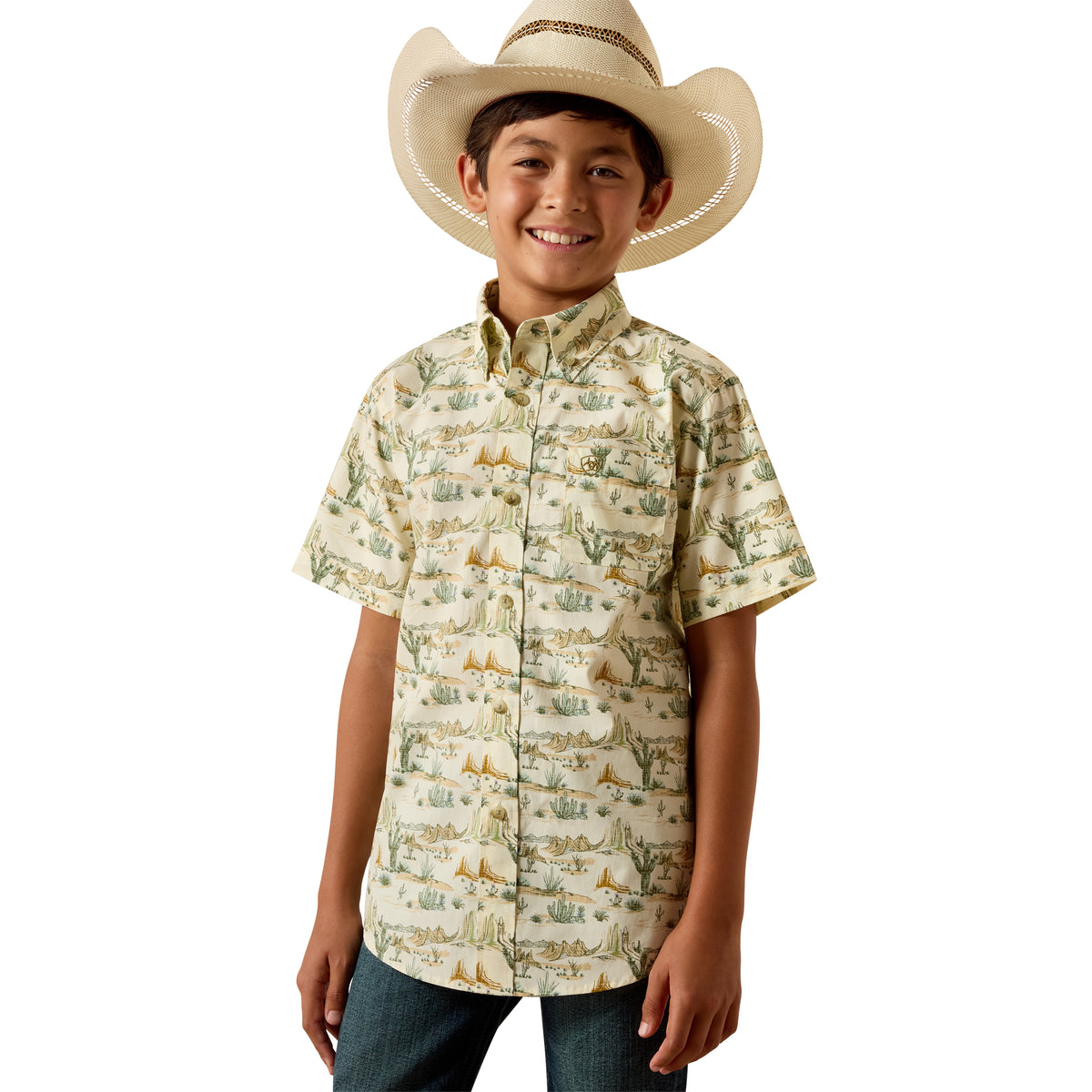 Ariat boys' Sable shirt with almond oil scenic print, featuring long sleeves and casual fit, perfect for outdoor wear.