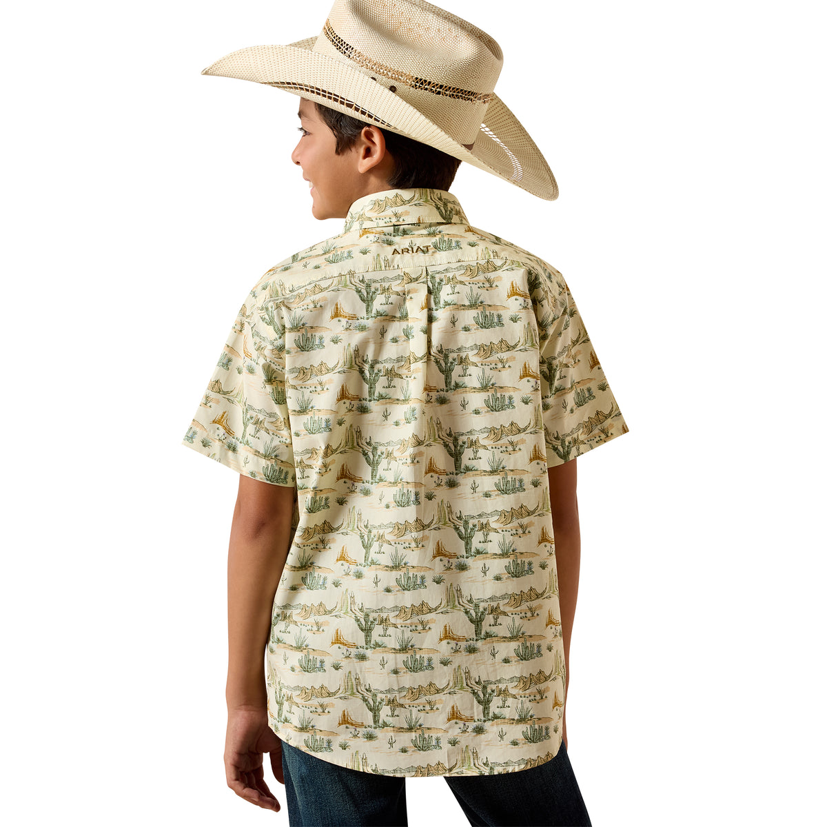 Ariat boys' Sable shirt with almond oil scenic print, featuring long sleeves and a casual, comfortable fit.