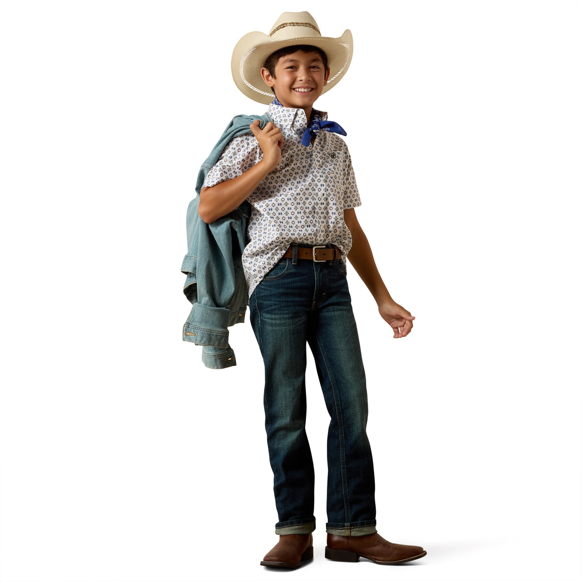 Ariat boys' white Seton shirt with Southwest motif print, long sleeve casual shirt for kids featuring western-inspired design.