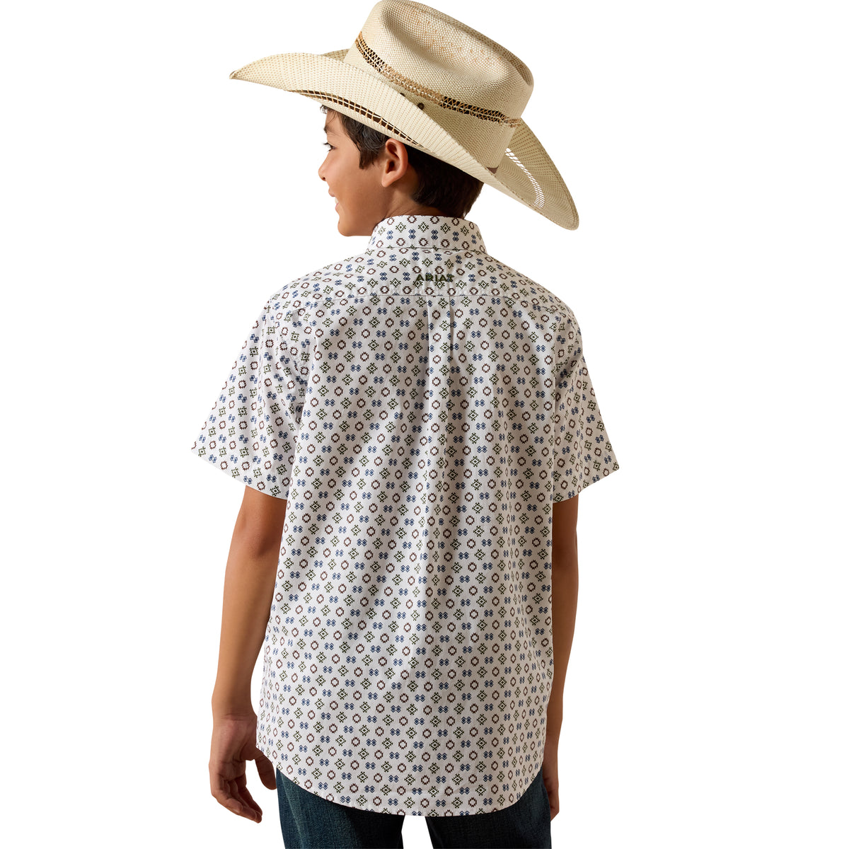 Ariat Boys Seton Shirt in white with Southwest motif print, casual Western-style shirt for boys.