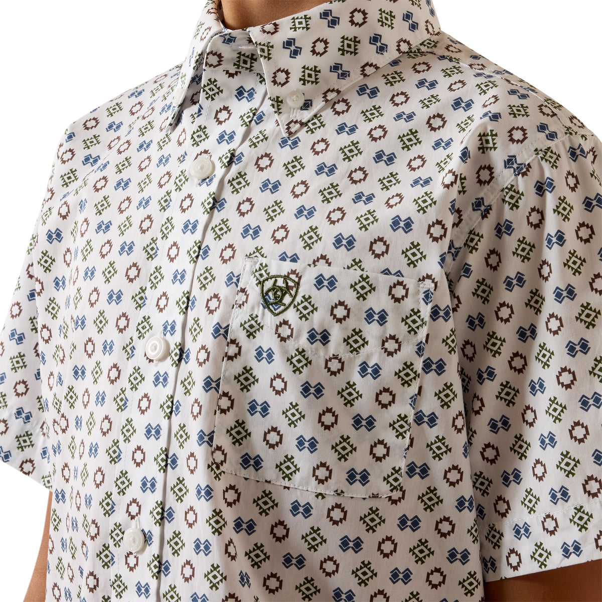 Ariat boys' white Seton shirt with Southwest motif print, long-sleeve casual shirt for kids, featuring colorful southwestern design.