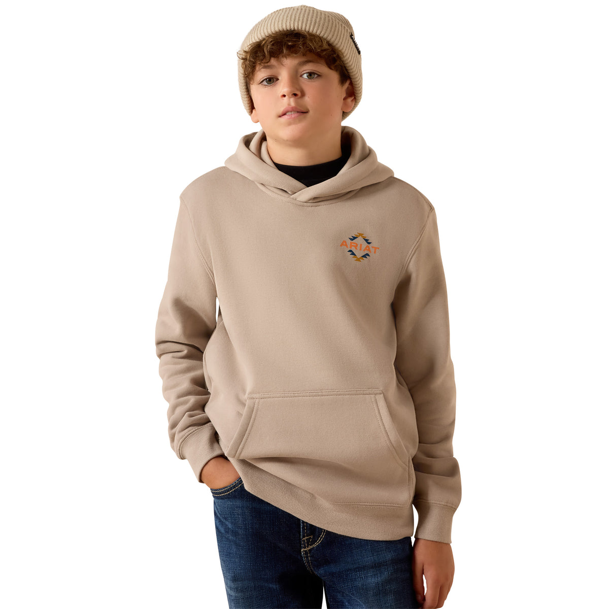 Ariat Boys Tapiz Zapoteco Hoodie in beige with tribal-inspired design, soft fabric, and hood for casual wear.
