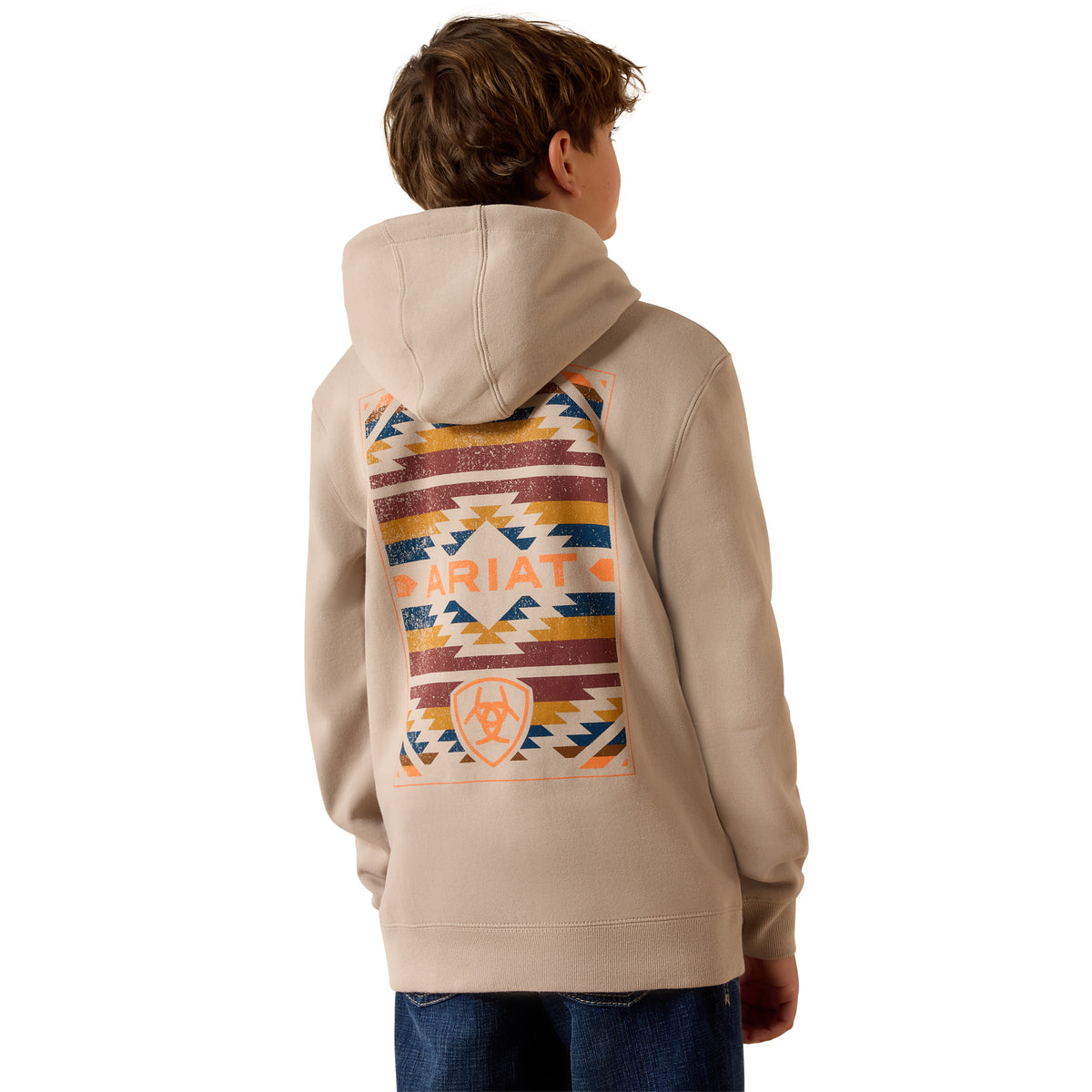 Ariat Boys Tapiz Zapoteco Hoodie in beige, featuring a cozy hoodie design with Zapotec-inspired patterns and branding details.