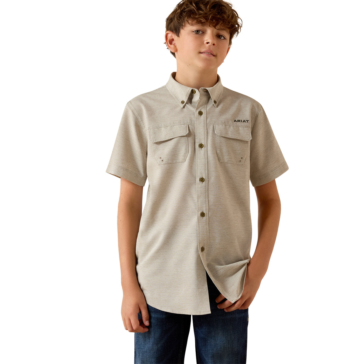 Ariat boys' green VenTEK Outbound Heathered classic fit shirt with long sleeves and button-down front, casual and comfortable style.