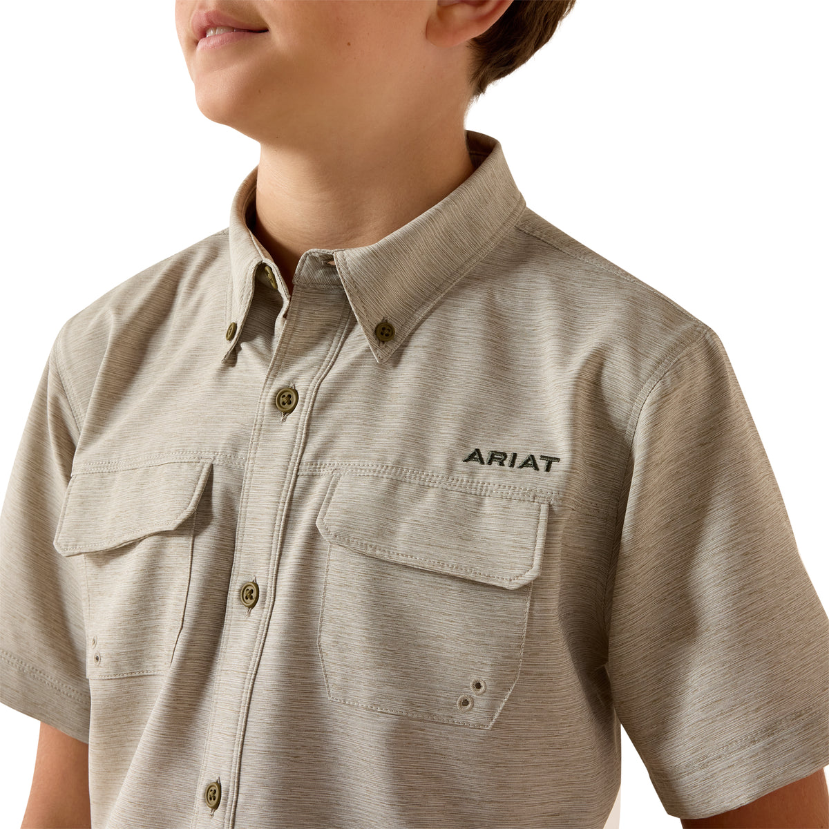 Ariat boys VenTEK Outbound Heathered green classic fit shirt hanging on a wooden hanger.