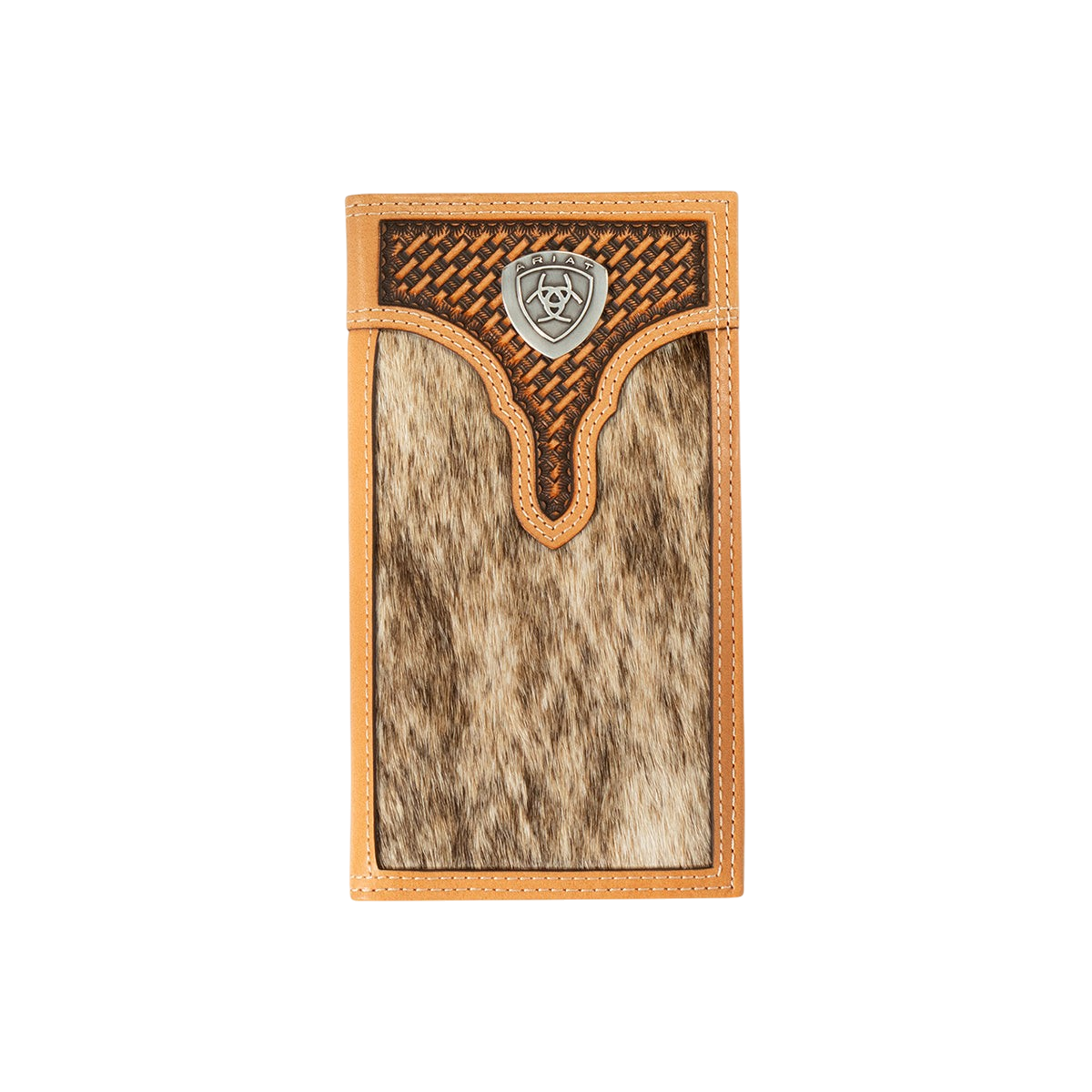 Ariat Calf Hair Basket Weave Rodeo Wallet by M&F, featuring textured calf hair and intricate basket weave design.