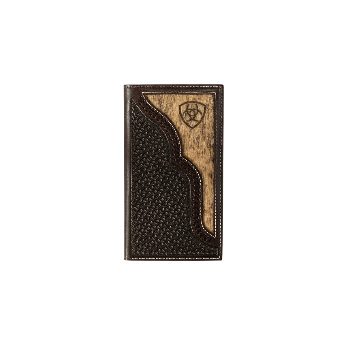 Ariat calf half overlay rodeo wallet in chocolate leather with detailed stitching and branding, designed for Western rodeo style.