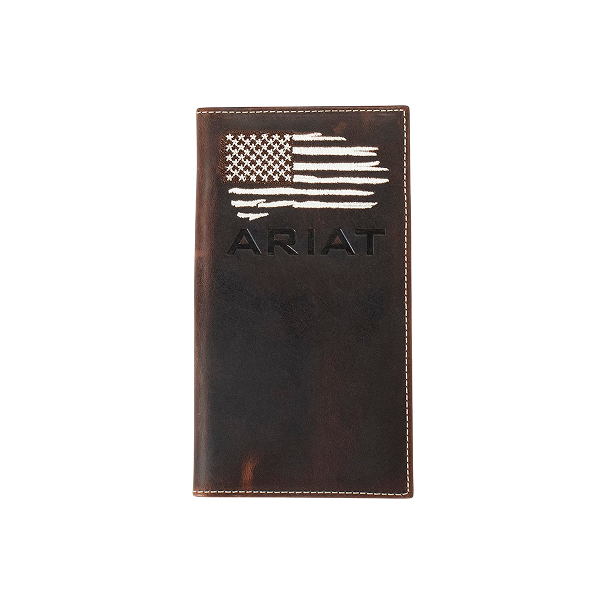 Ariat distressed American flag rodeo wallet, M&F brand, leather wallet with patriotic American flag design and rugged distressed finish.