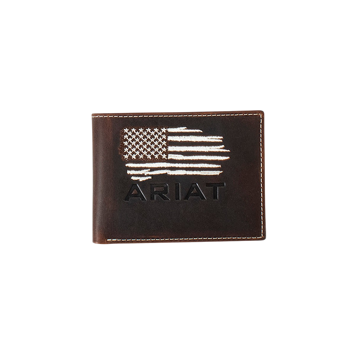 M&F Ariat distressed flag bifold wallet with rugged leather finish and American flag design, showcasing multiple card slots and bill compartment.