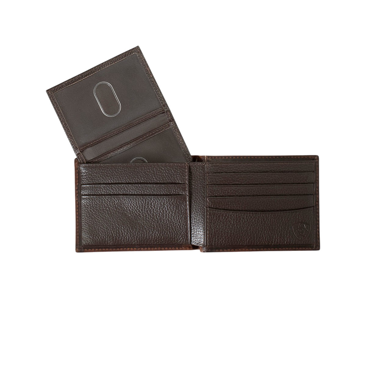 M&F Ariat distressed flag leather bifold wallet with embossed flag design and multiple card slots on dark leather background