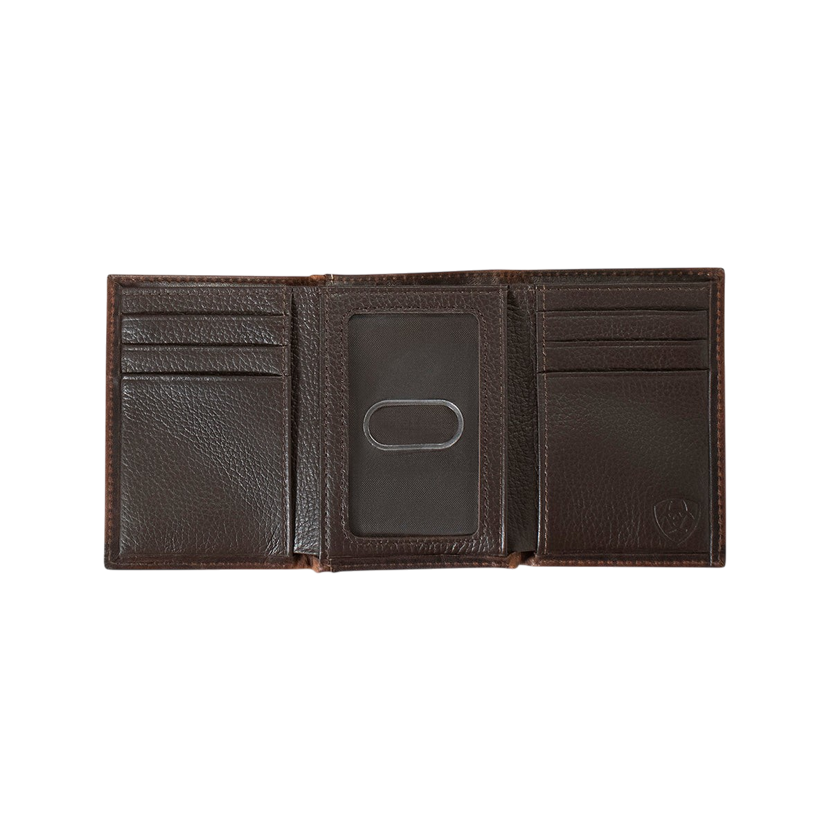 M&F Ariat distressed flag trifold wallet with leather texture and multiple card slots, designed for men's wallets.