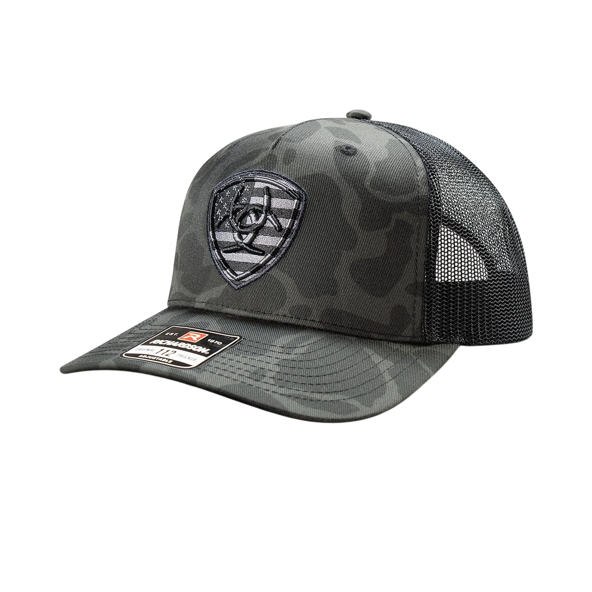 Ariat men's black and white camo baseball cap with embroidered shield logo, featuring curved brim and adjustable strap.