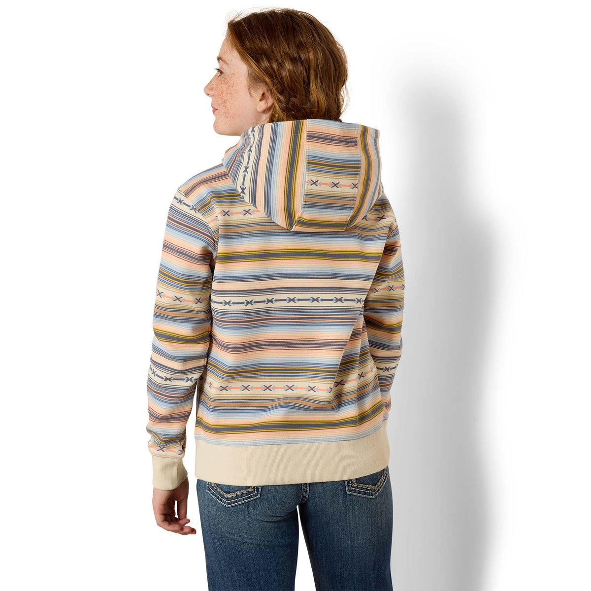 Ariat Girls 2.0 Hoodie in multicolor serape pattern, cozy hoodie with vibrant, colorful design and front pocket.