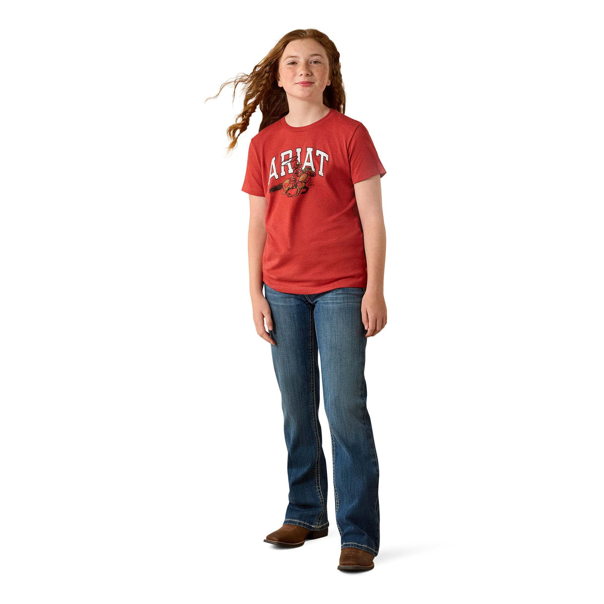 Ariat girls' cowgirl rider T-shirt in Tabasco color featuring a Western-inspired design and comfortable fit.