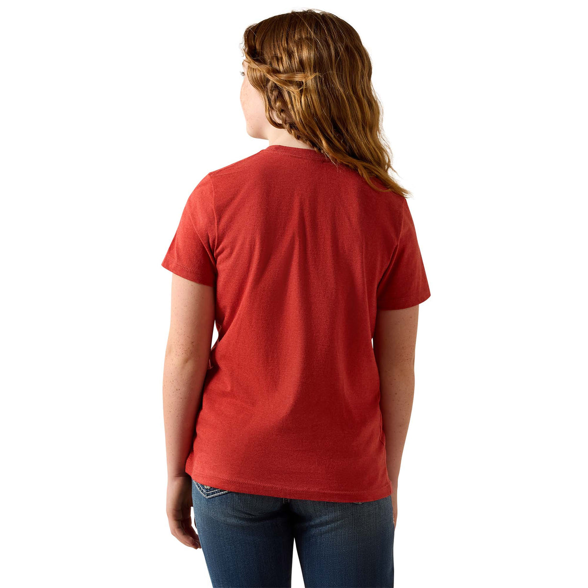 Ariat girls' cowgirl rider T-shirt in tabasco color with western-inspired design, made of soft cotton fabric.