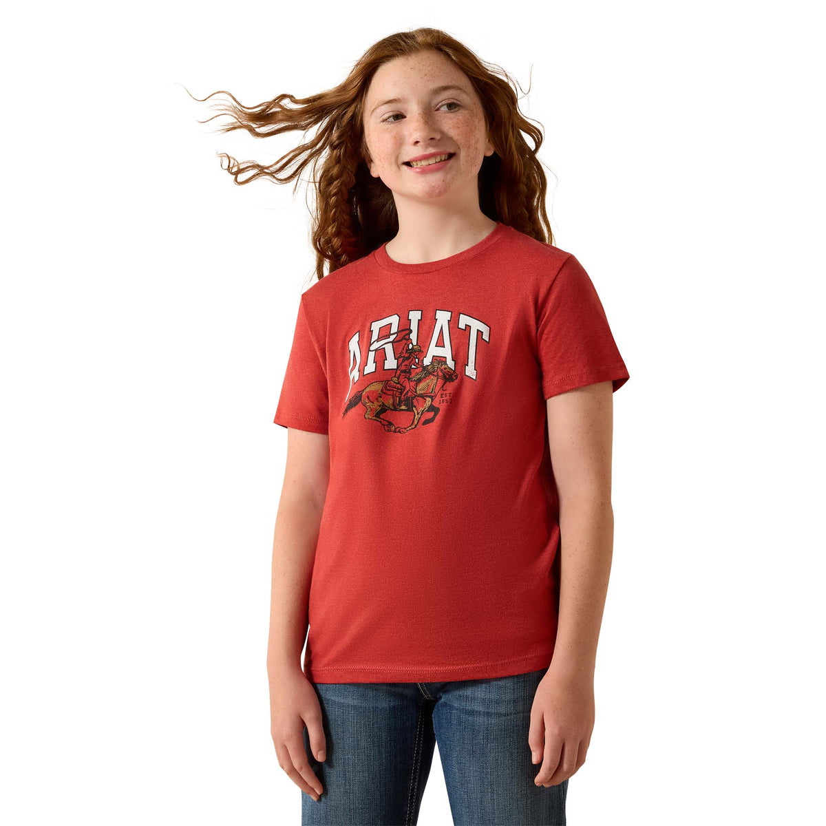 Ariat girls' cowgirl rider T-shirt in Tabasco color featuring a western-inspired design and comfortable fit.
