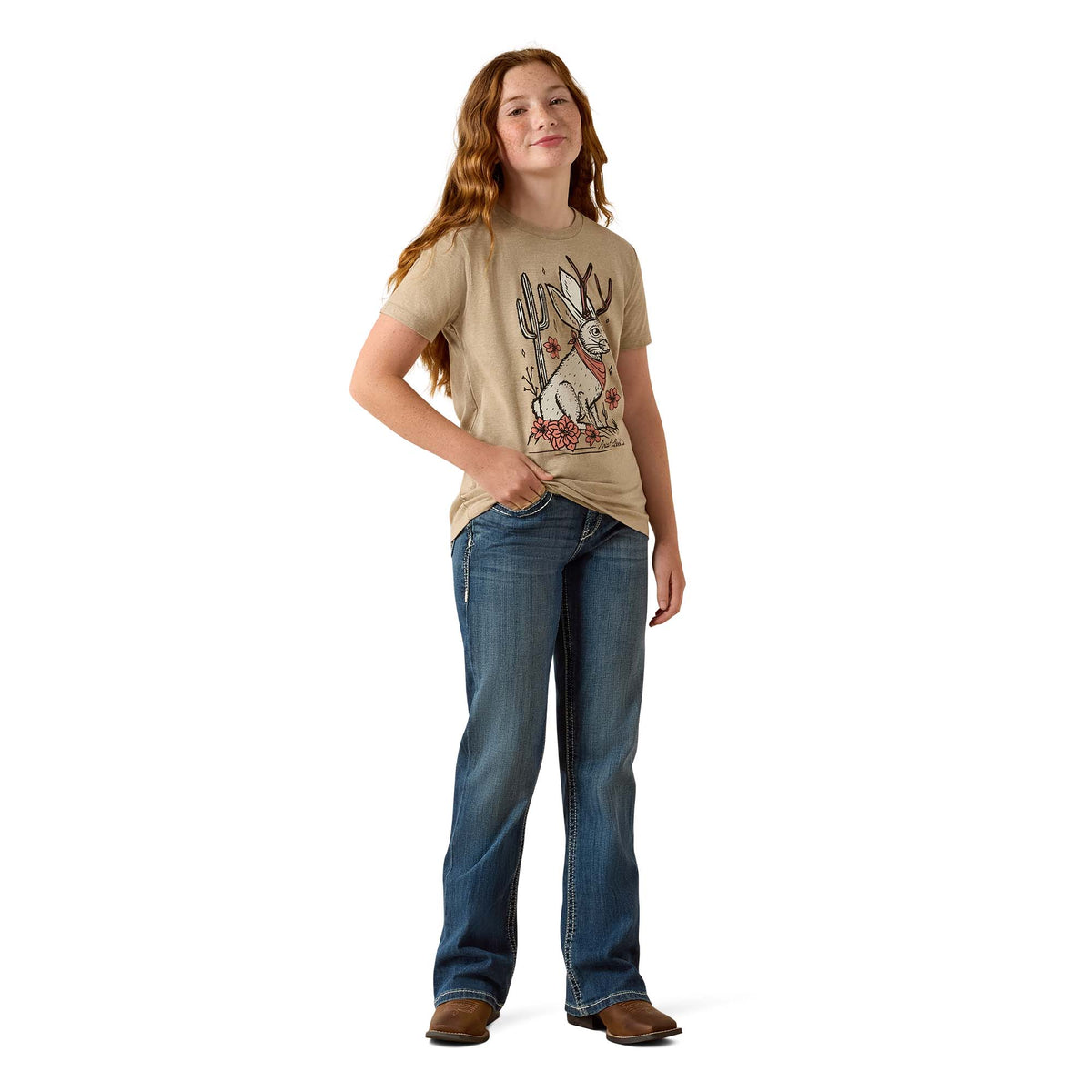 Ariat girls' Jackalope T-shirt in oatmeal heather featuring a casual fit and graphic design, made from soft, comfortable fabric.