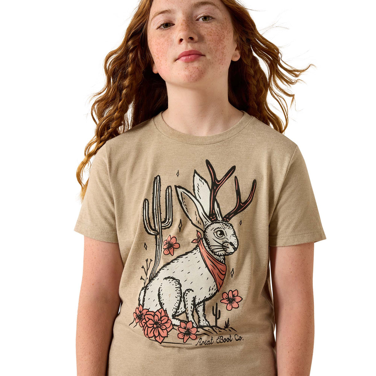 Ariat Girls Jackalope T-Shirt in oatmeal heather, featuring a comfortable fit and a playful jackalope graphic.