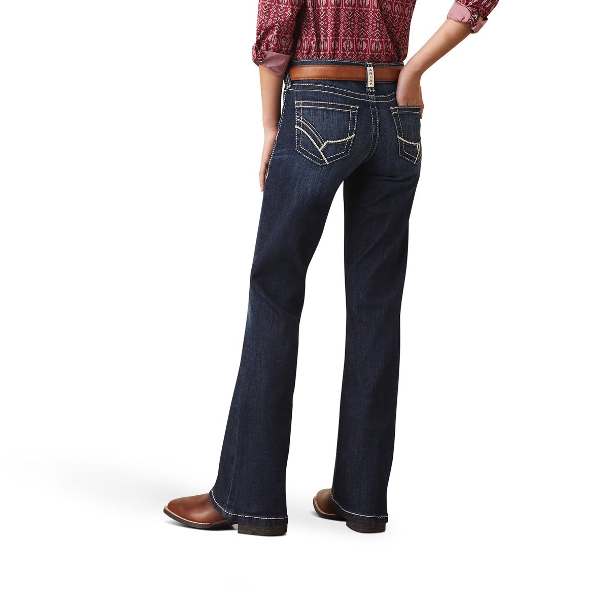 Ariat Girls R.E.A.L Brianna boot cut jeans in Naomi wash, denim with classic five-pocket design and contrast stitching.