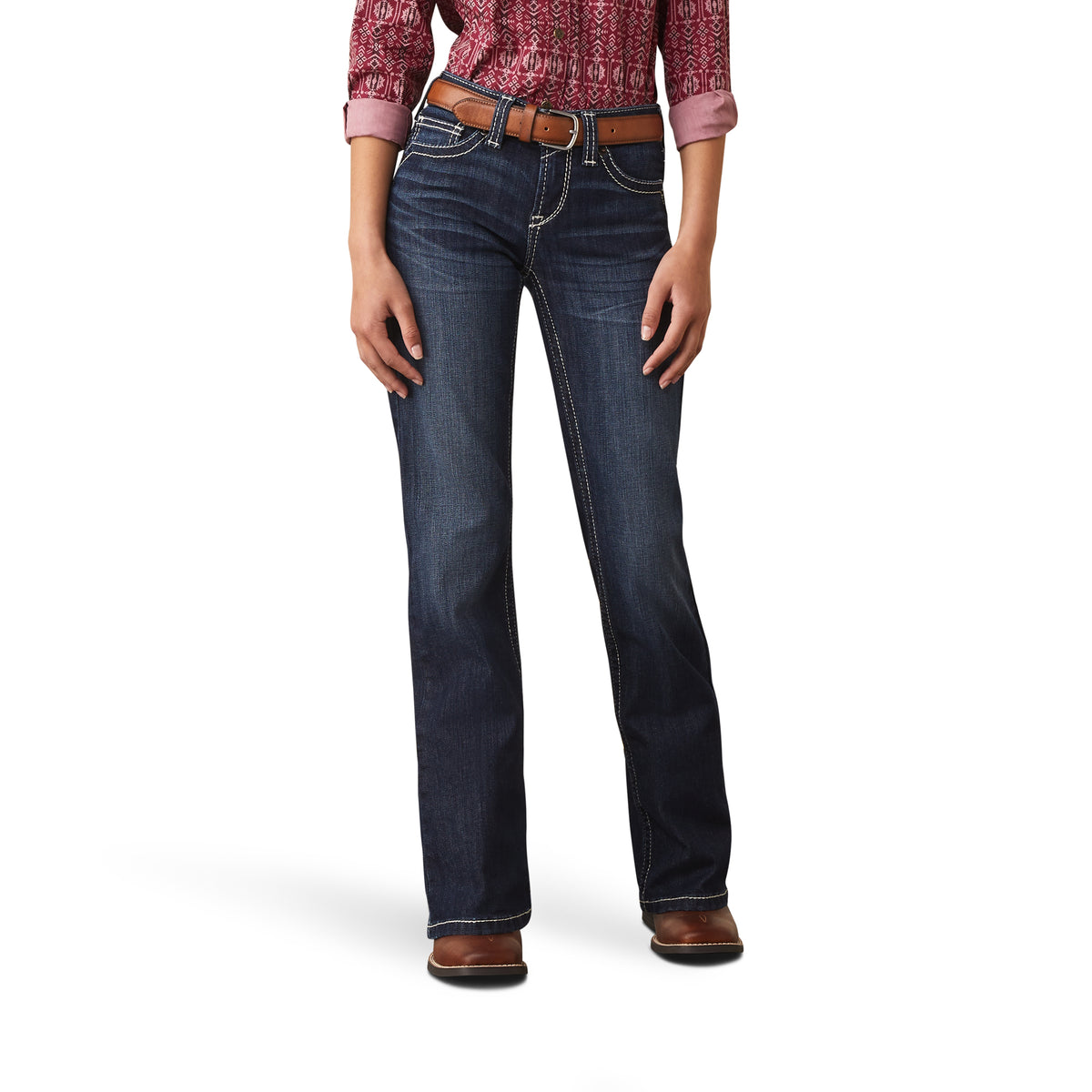 Ariat Girls R.E.A.L Brianna boot cut jeans in Naomi wash, denim with classic five-pocket style and contrast stitching.