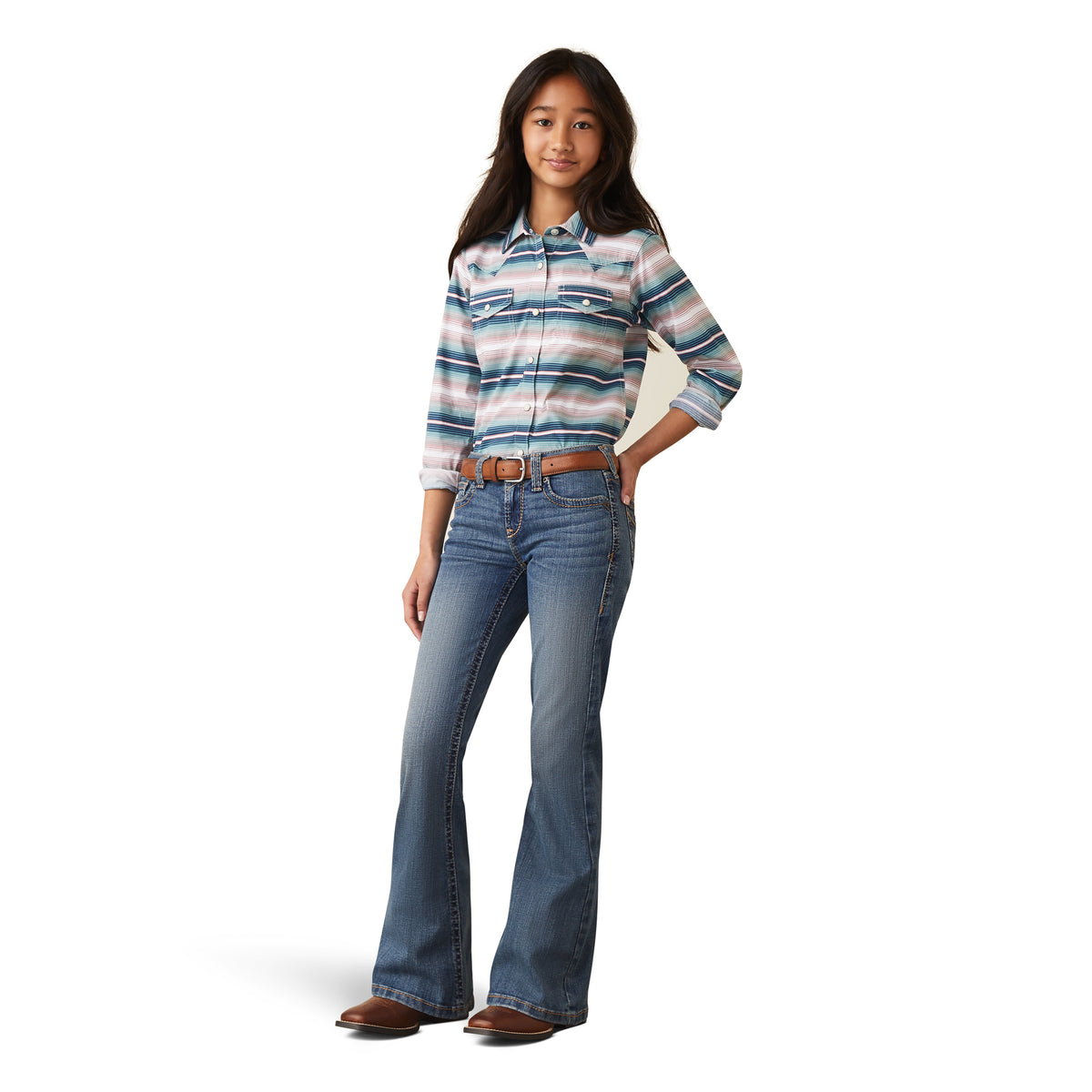 Ariat Girls R.E.A.L Hallie Flare Jean in Eleanor, denim jeans with a flare style, front and back view, casual kids' fashion.