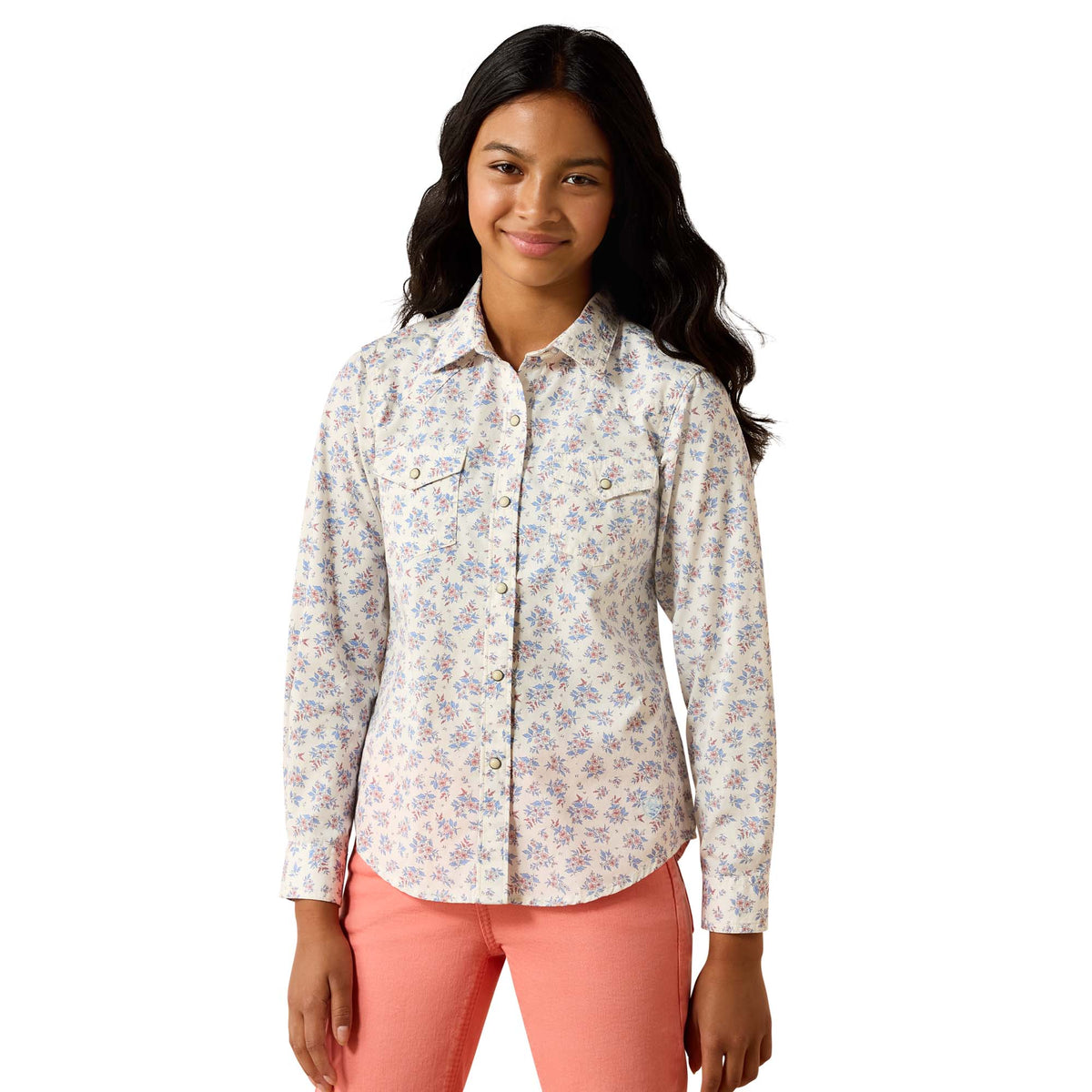 Ariat girls' Stardust shirt featuring a multicolor floral pattern, long sleeves, and a casual fit.