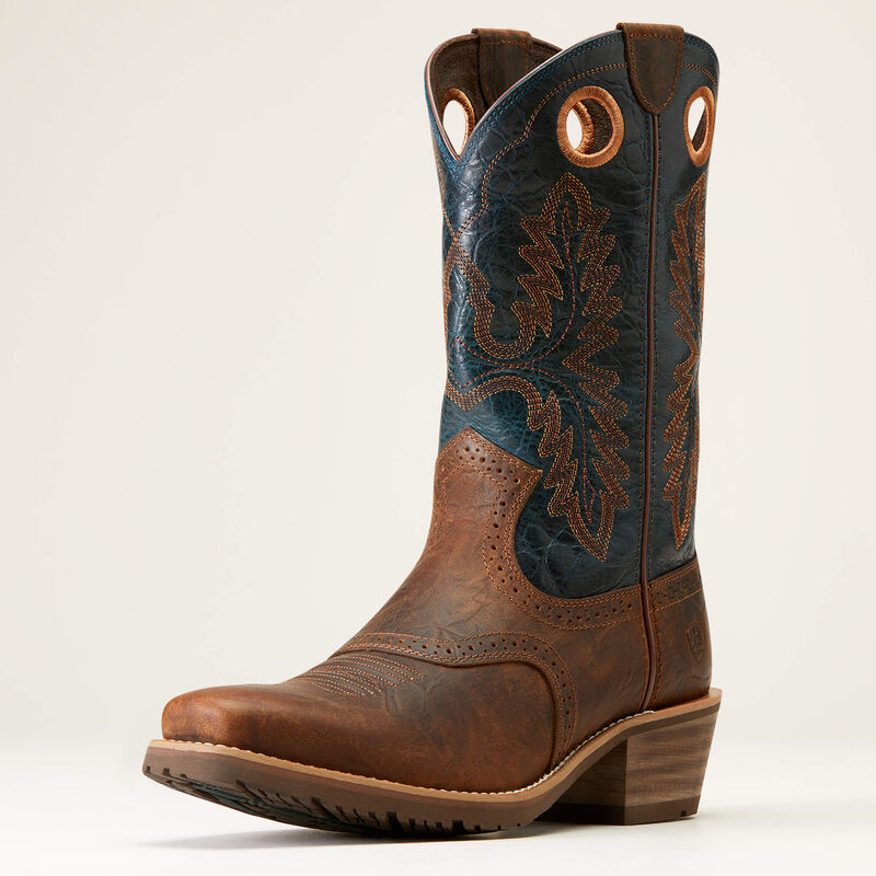 Ariat Hybrid Roughstock square toe cowboy boot in Fiery Brown Crunch leather with intricate stitching and rugged western style.