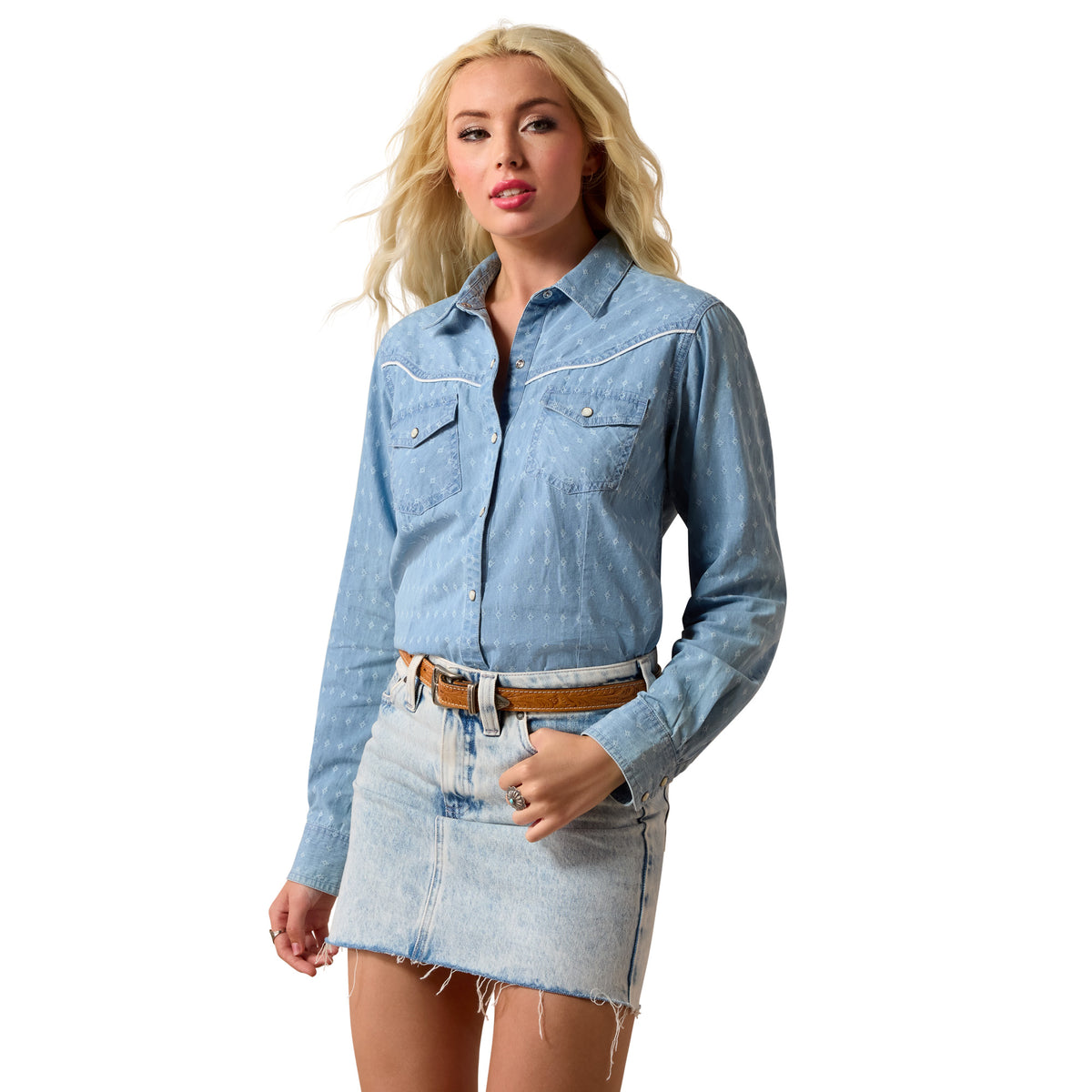 Ariat Jade Western Snap Shirt in chambray dobby fabric, featuring classic Western style with snap buttons and long sleeves.