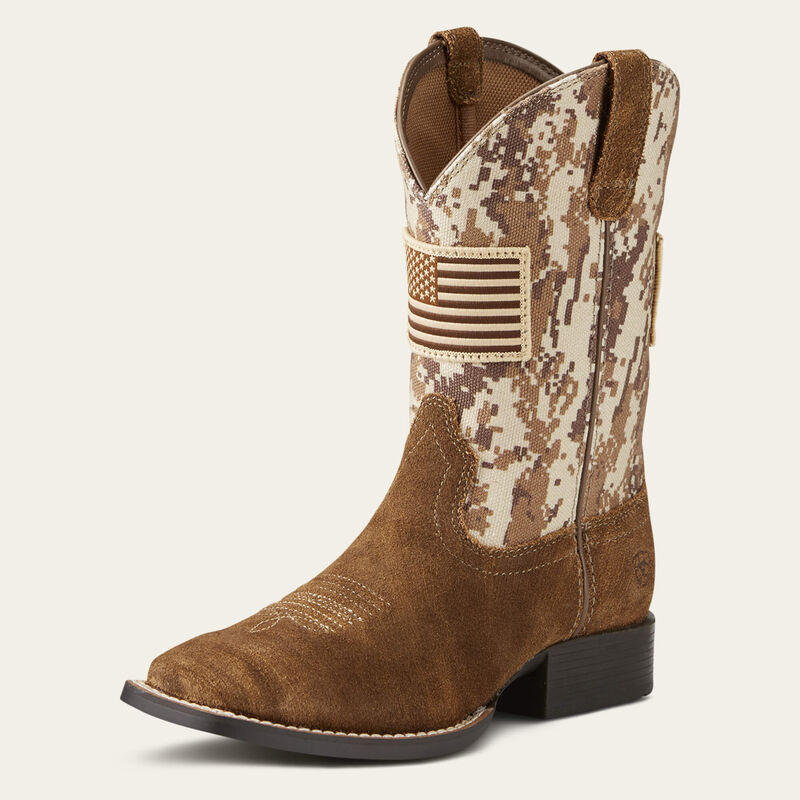Ariat Kids Patriot Western Boot in antique mocha with sand camo print, featuring a classic cowboy boot design for children.