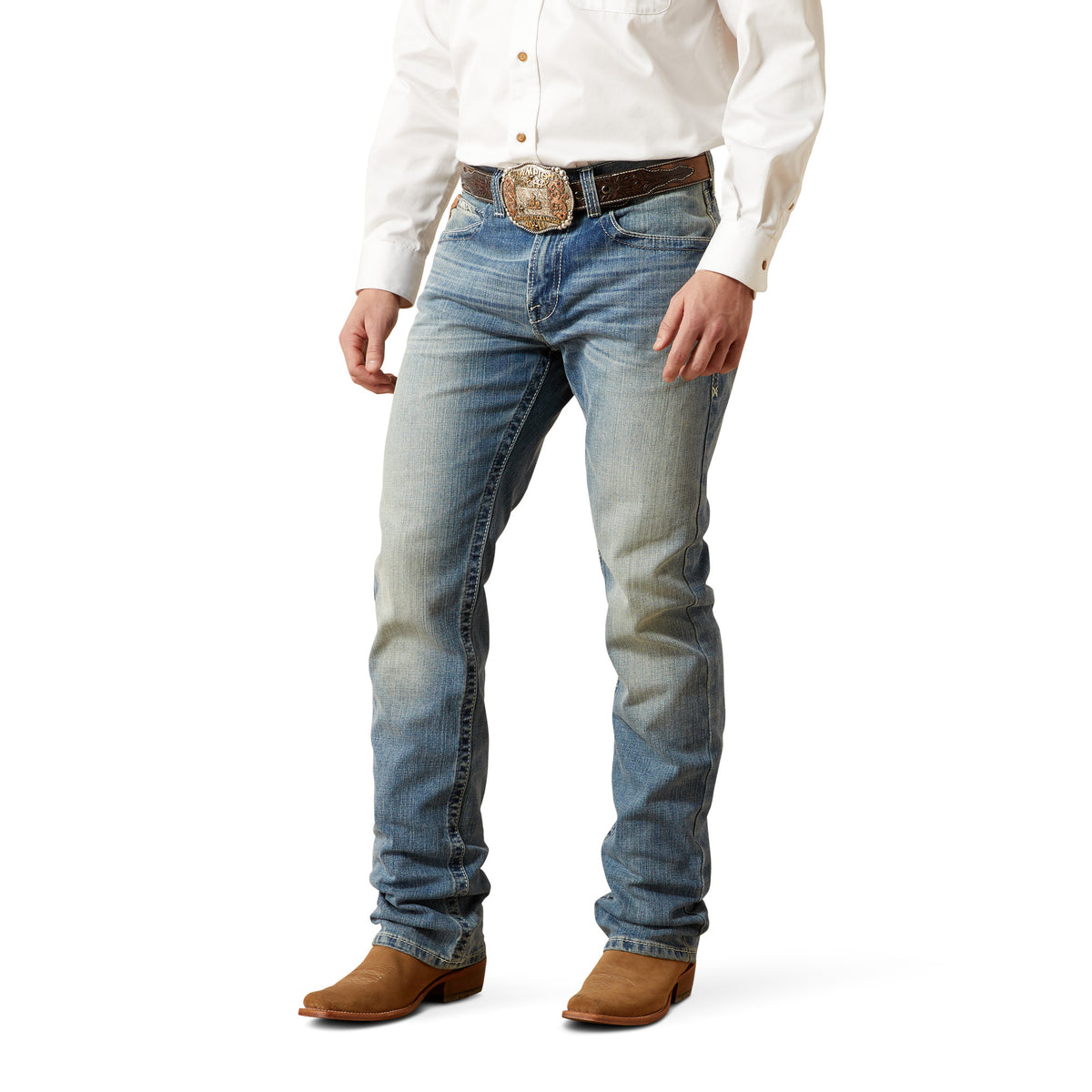 Ariat M2 Relaxed Stirling Stretch Boot Cut Jean in Shasta, casual denim jeans with a relaxed fit and boot cut style.