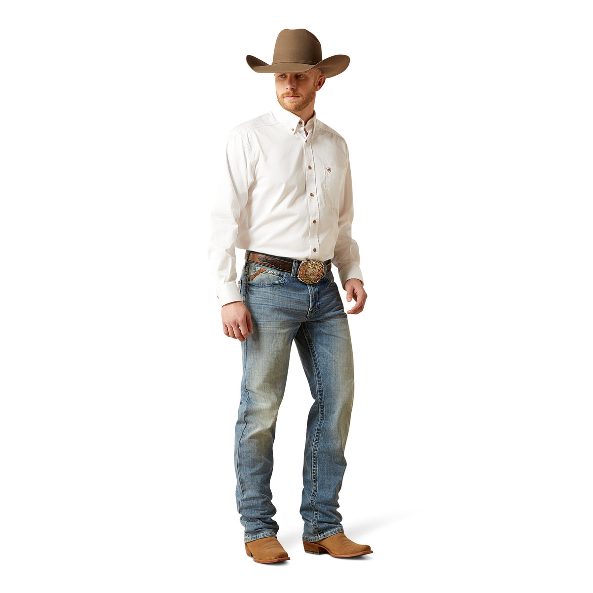 Ariat M2 Relaxed Stirling stretch boot cut jeans in Shasta color, showing the fit and classic denim design.