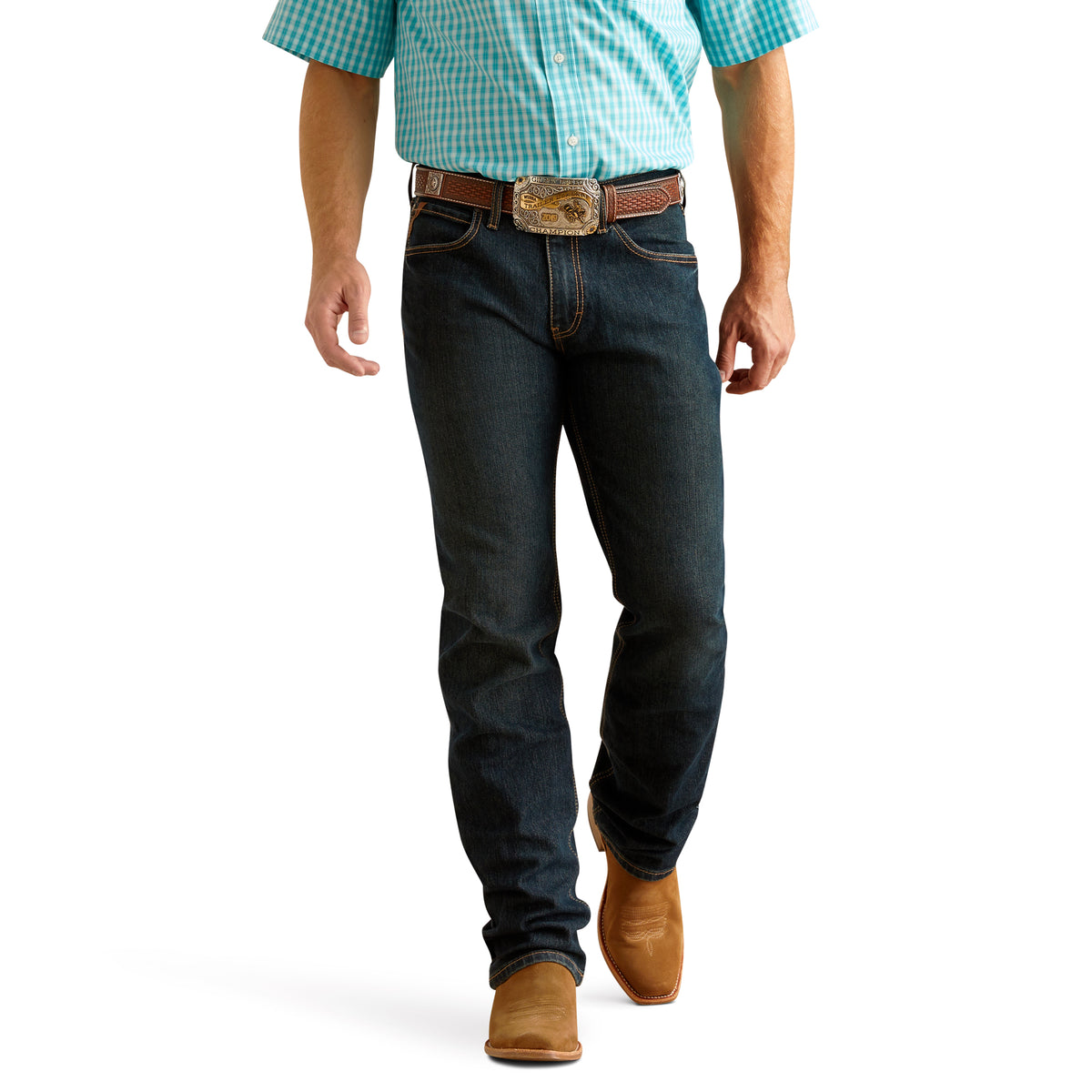Ariat M4 Relaxed Stretch Pro Series Ray Bootcut Jeans in Blackstone, showing the dark denim fabric and classic bootcut style.