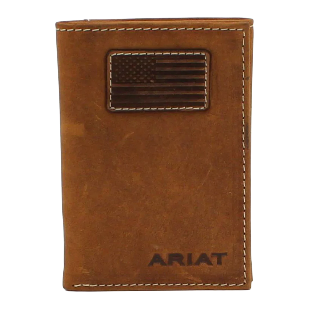 Ariat medium brown leather trifold wallet with flag patch and M&F branding, featuring multiple card slots and a bill compartment.