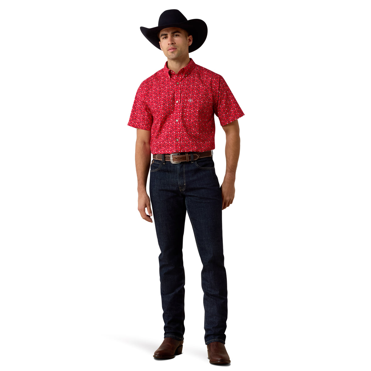 Ariat men's Barth fitted shirt in tango red with a mini paisley print, showcasing the stylish, tailored design and vibrant pattern.