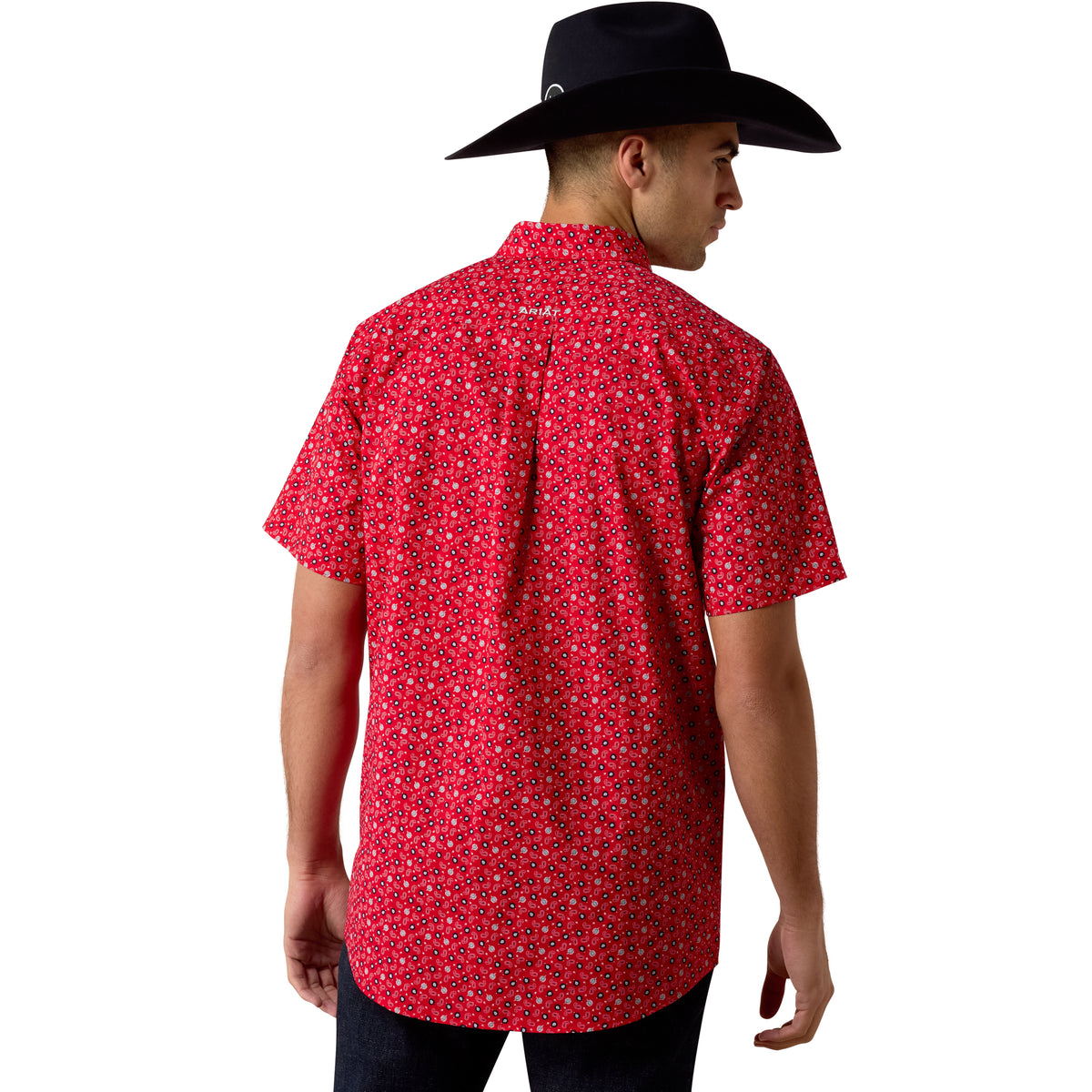 Ariat men's fitted shirt in tango red with a mini paisley print, featuring a stylish and tailored design.