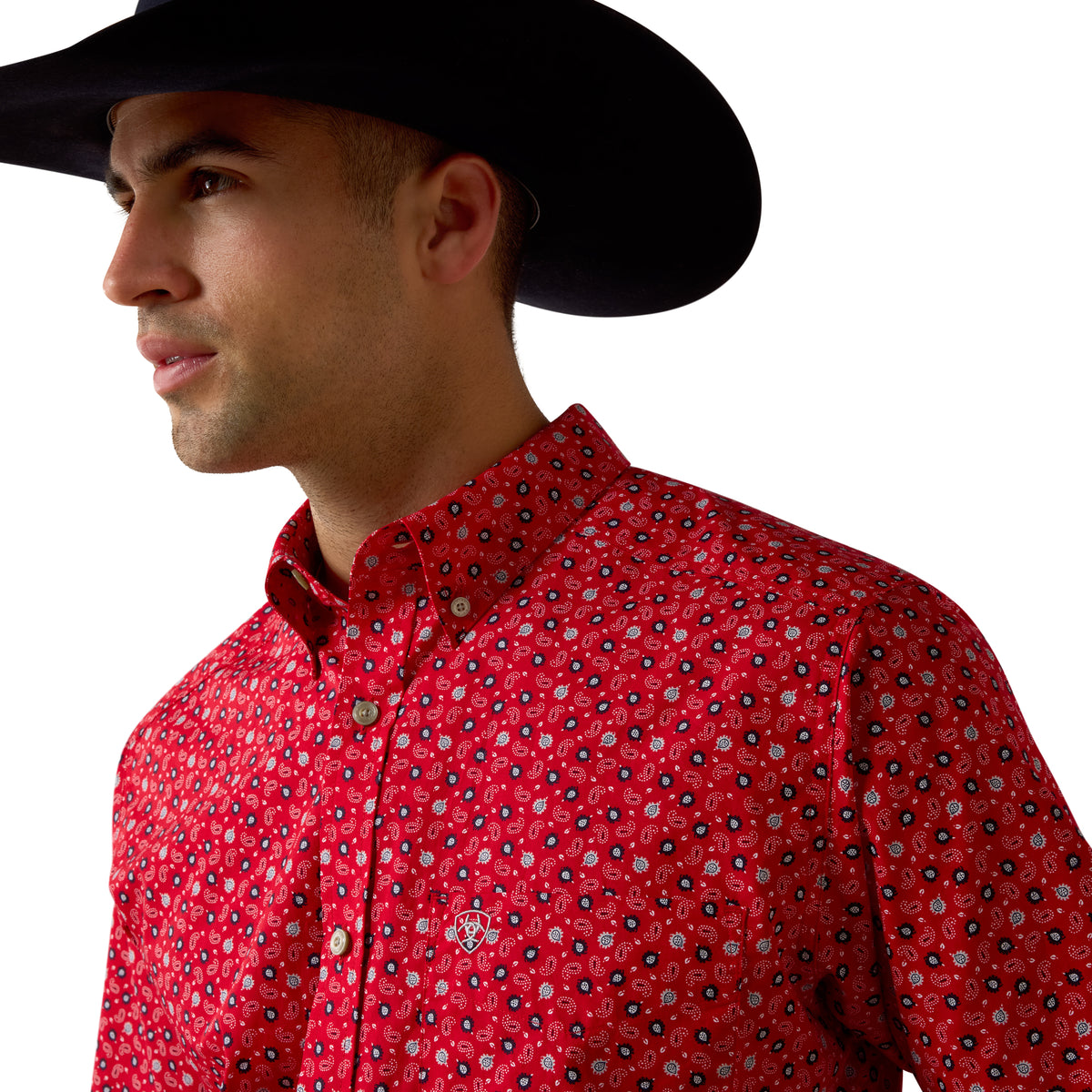 Arit Men's Barth fitted shirt in tango red with a mini paisley print, featuring a classic collar and button-down front.