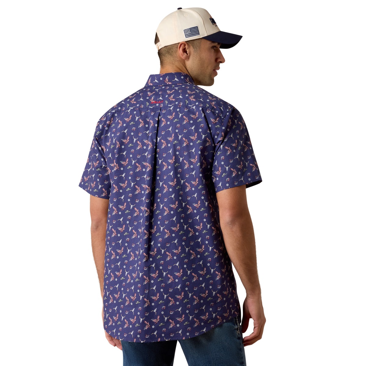 Ariat men's Berne fitted shirt in Patriot Blue with Americana print, featuring a button-up design and long sleeves.