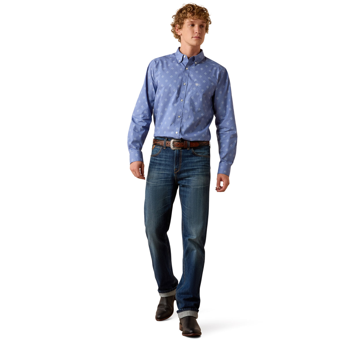 Ariat men's Byrd fitted shirt in colony blue with a Southwest motif, featuring long sleeves and button-up front.