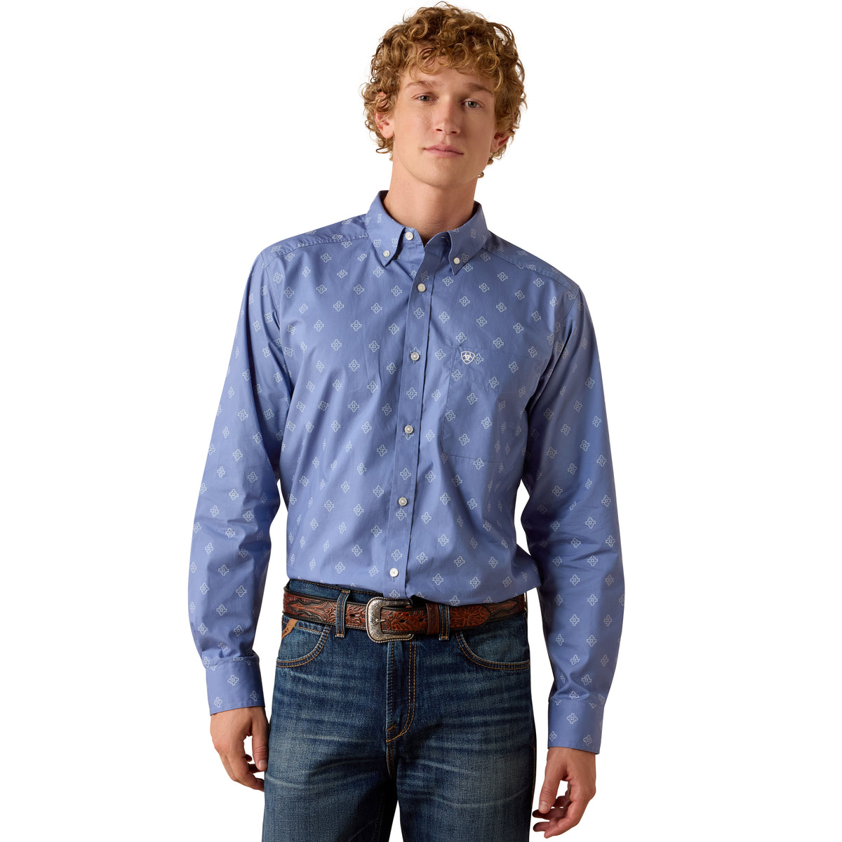 Ariat men's Byrd fitted shirt in colony blue with a southwestern motif, featuring a button-up design and long sleeves.