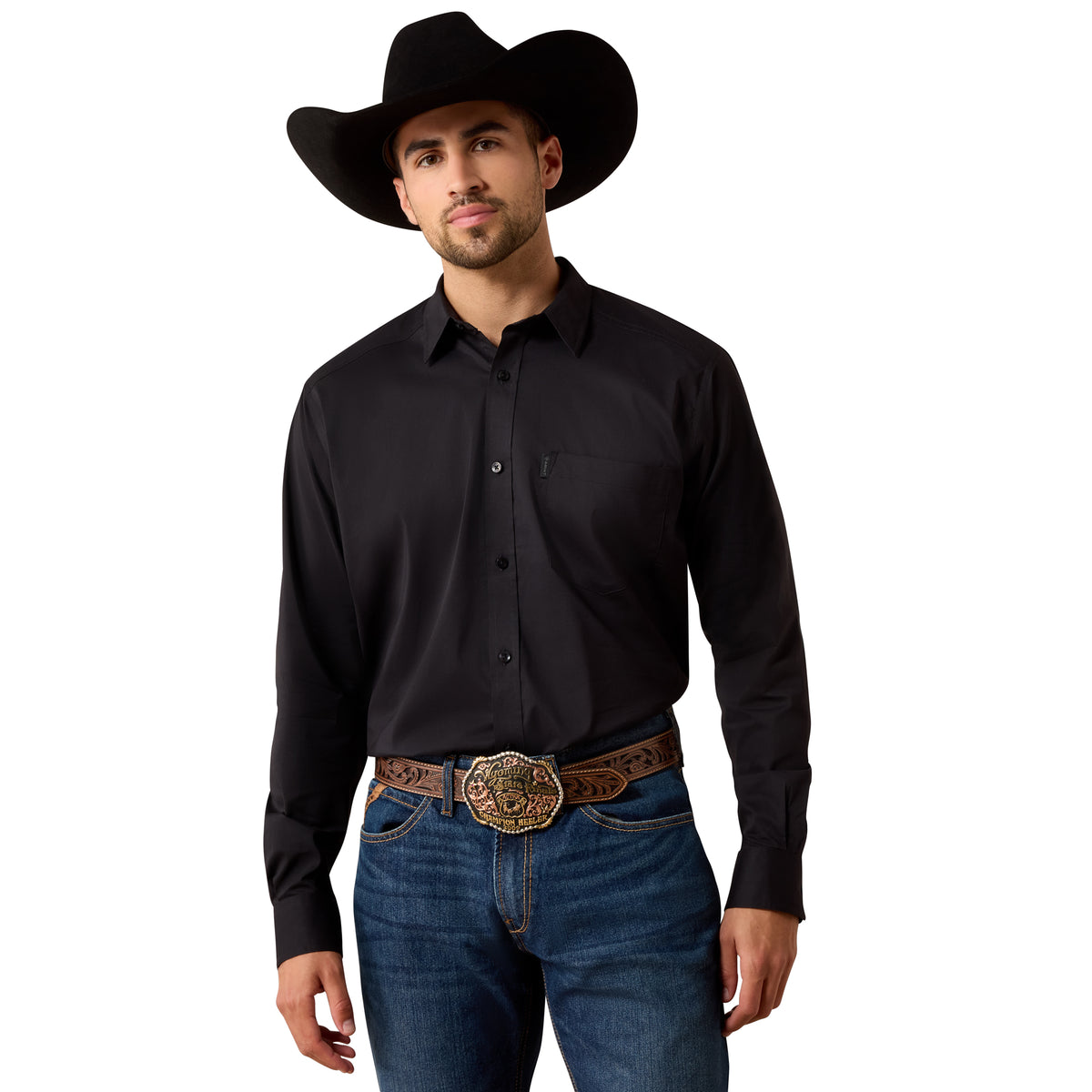 Black Ariat men's Everything Classic Fit shirt with long sleeves and button-up front, displayed on a hanger.