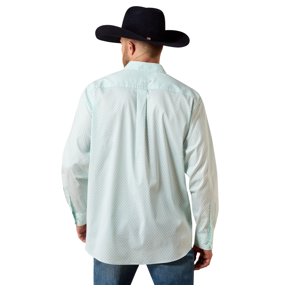 Ariat men's classic fit shirt in blue glow with southwest crosses pattern, featuring a button-down collar and long sleeves.